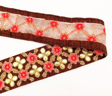 Brown Art Silk Fabric Trim, Salmon Pink & Gold Floral Embroidery Gota Patti Indian Sari Border Trim By Yard Decorative Trim Craft Lace
